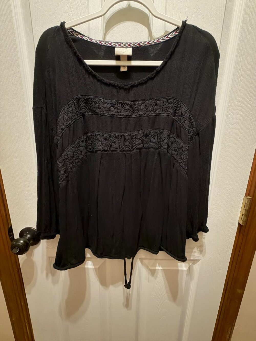 Knox Rose Black Boho Lace Inset Long Sleeve Top - XL